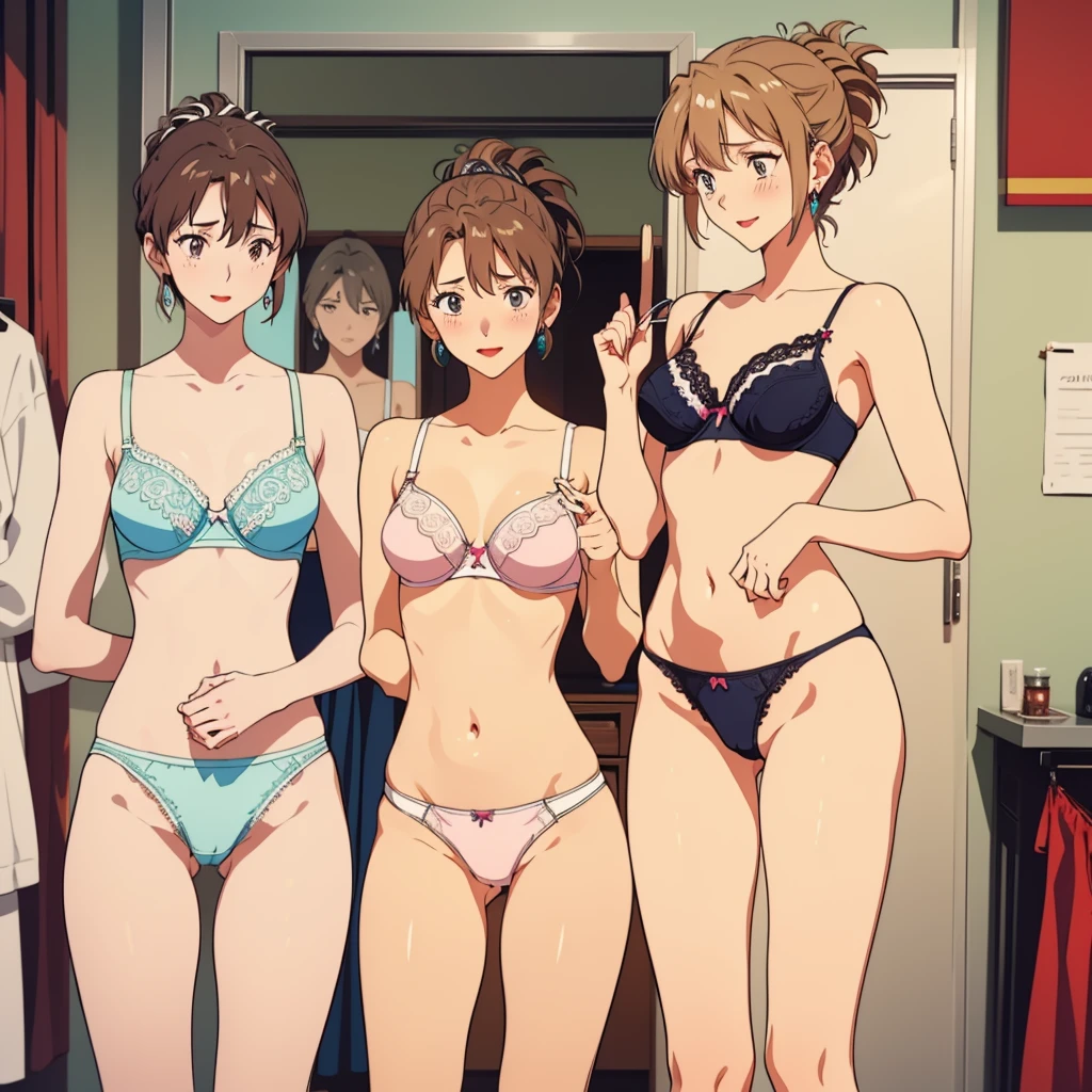masterpiece, top quality, ultra detailed, ((((AIKA_SUMERAGI, folded ponytail, best anatomy, in underwear, (panties, elaborately designed luxury panties for adults, panties high definition images, draw panties with super precision), lace trimmed bra, extremely detailed texture, earrings, red lip, embarrassed, blush, smile)))), cowboy shot, (((underwear in dressing room))), white skin, (presenting panties)