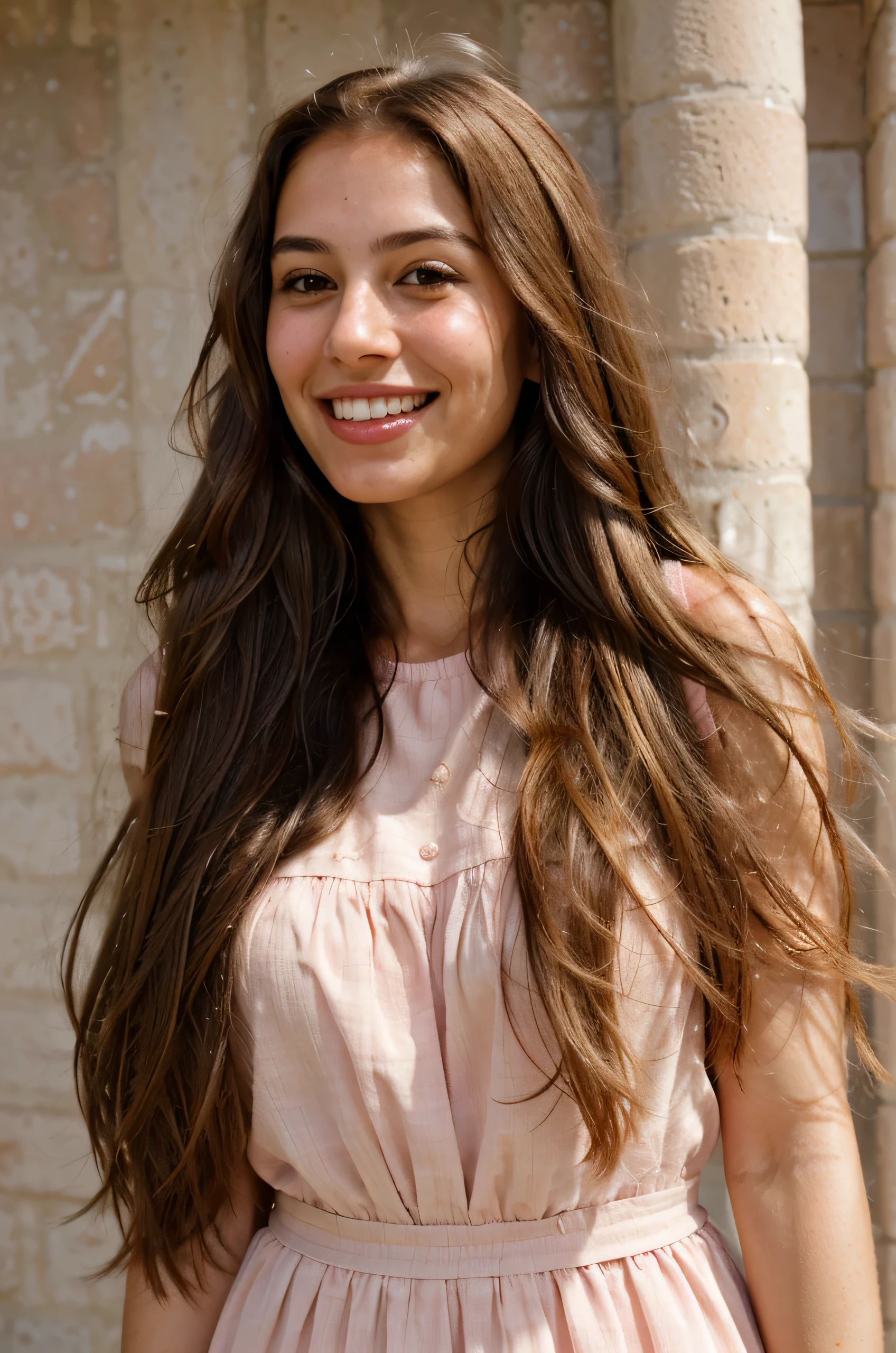 a photo-realistic portrait of a beautiful Palestinian woman with long brown hair, pink dress, white teeth, and a cute smile, with highly detailed and realistic facial features, modest expression, and realistic white skin tone