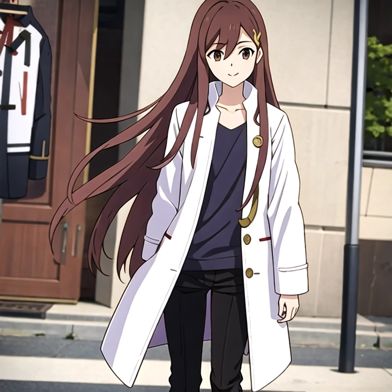 (masterpiece, best quality:1.2), shion shishibe, 1girl, black pants, buttons, coat, jacket, long sleeves, open clothes, open jacket, pants, shirt, solo, white jacket, brown eyes, reddish brown hair, coat, collarbone, hair ornament, jacket, labcoat, long hair, looking at viewer, shoes