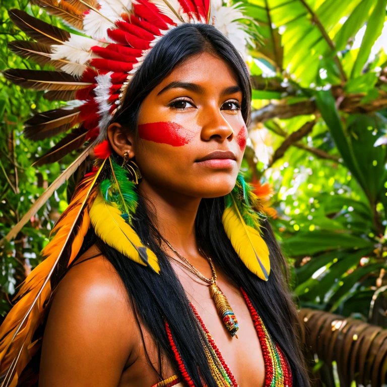 ((RAW photo, Best quality)), (Realistic, photo-realistic:1.2). A beautiful indigenous girl in native dress with feathers and feathers on her head, amazon indian peoples in brazil, beautiful young female brazilian Native girl, Yanomami Indian in typical costumes,High quality. Amazonia forest Background.