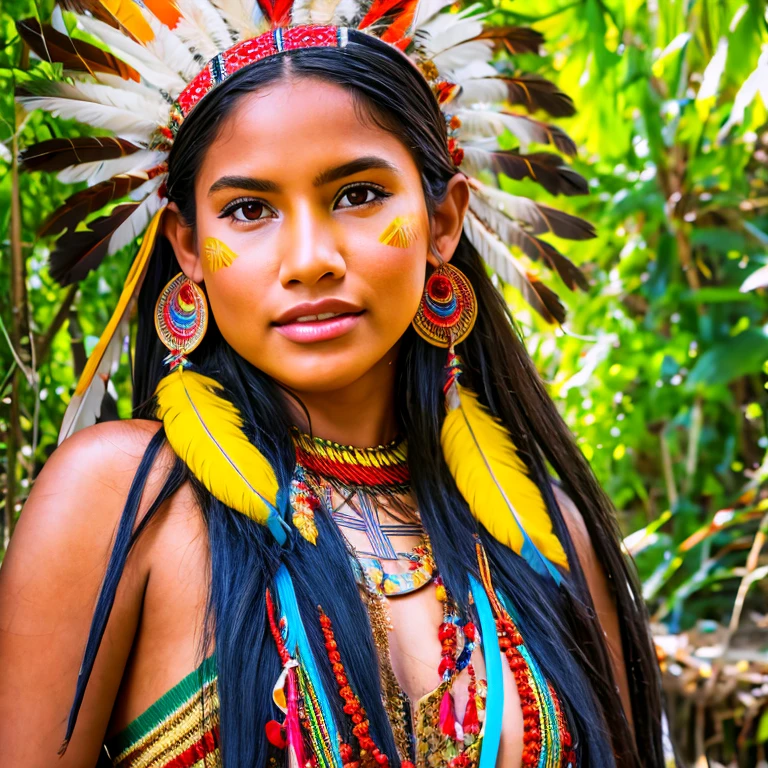 ((RAW photo, Best quality)), (Realistic, photo-realistic:1.2). A beautiful indigenous girl in native dress with feathers and feathers on her head, amazon indian peoples in brazil, beautiful young female brazilian Native girl, Yanomami Indian in typical costumes,High quality. Amazonia forest Background.