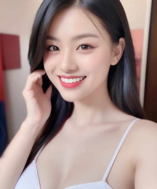 (realistic、masterpiece、Best Quality、8K、highres、high resolution:1.3)、1 girl、 Huge breasts、smile, white bikini、pale white skin、looking at viewers、super fine face and eyes、long hair、indoor、 upper body、