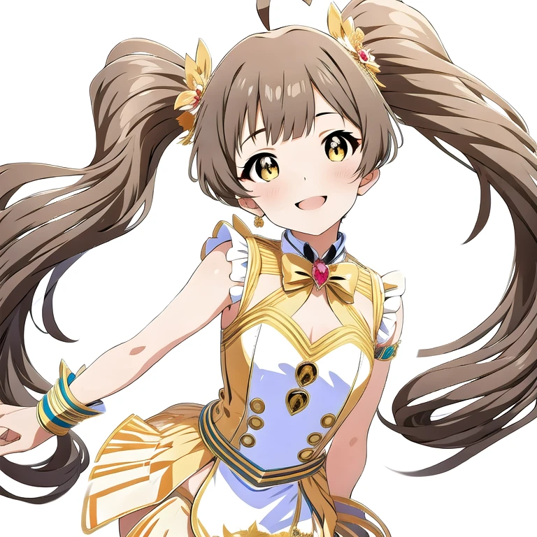 (masterpiece, best quality:1.2, 4k, caustics, high details, sparkle), vibrant color saturation, 1girl, solo, ta, cute, twin tails, 1ahoge, straight bangs, (gold color eyes), big eyes, droopy eyes, sparkling eyes, happy smile, flat chest, small breasts, slender, idol costume, arm behind back, lower both hands