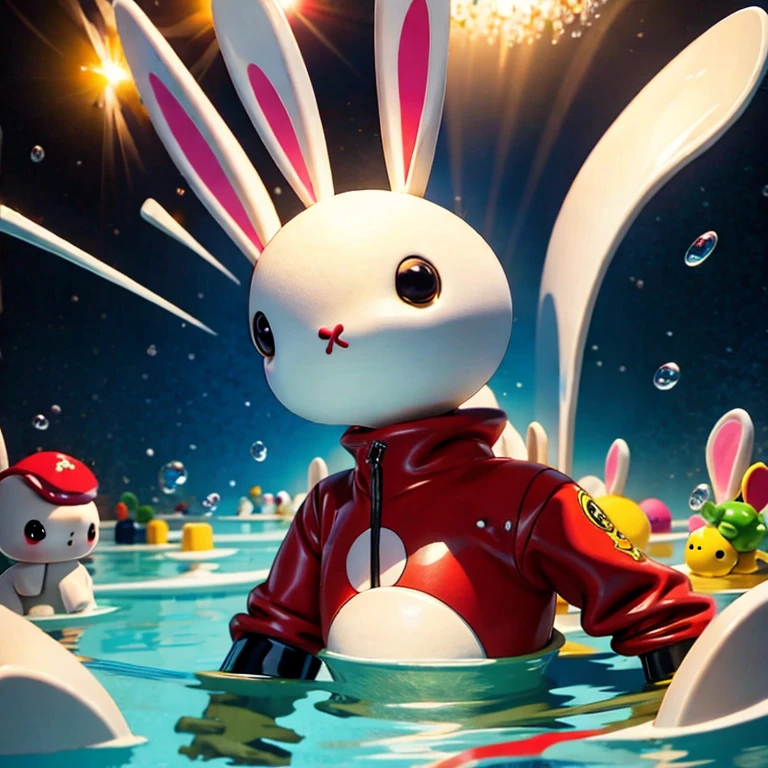(masterpiece, best quality:1.2), 1 conejo a ((conejo)) con cuerpo de nadador swimming in the depths of the water surrounded by many bubbles, the entire body is observed, in an aquatic environment