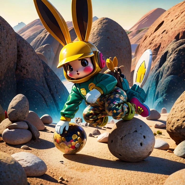 (masterpiece, best quality:1.2), 1 conejo a parkour ((conejo)) athlete in action, jumping nimbly between giant rocks and mountains. His clothing is adorned with patterns reminiscent of the strata of the earth, and his sneakers leave a trail of dust and small plants sprouting with every step he takes. The background shows a vast and robust landscape, with predominant shades of brown and green, and the sky has a golden hue as if illuminated by evening light. galactic girl dressed as a space rabbit with a space rabbit helmet where you can see her face