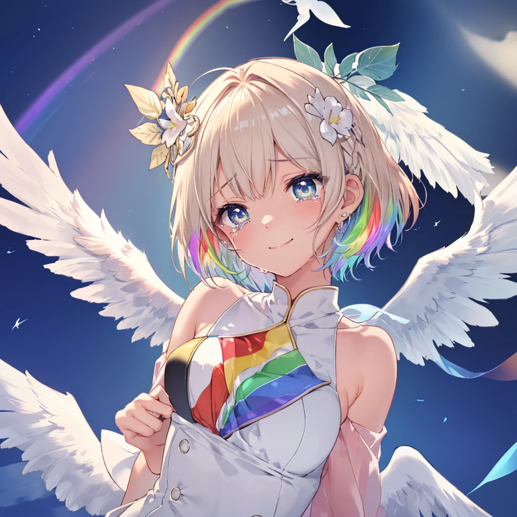 (((Extreme close-up tears smile Low - Angle Dove of peace Angel Halo))) ((輝くtears Rainbow Eyes Short Hair Receiving the light Rainbow light Place your hand on your chest Aurora Stretch your hand out towards me)) (Shining Edge Pillar of Light)