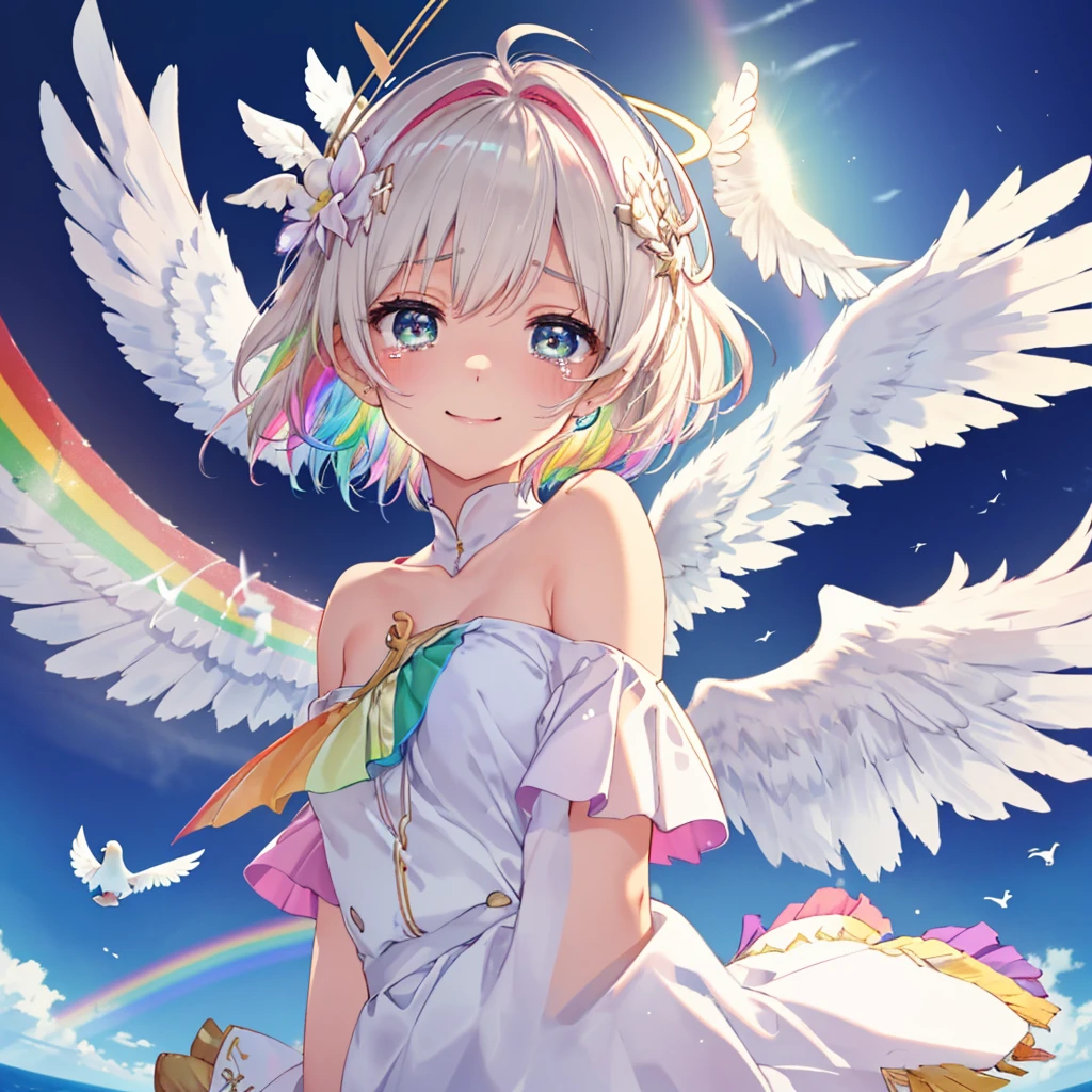 (((Extreme close-up　tears　smile　Low - Angle　Dove of peace　Angel Halo)))　((輝くtears　Rainbow Eyes　Short Hair　Receiving the light　Rainbow light　Place your hand on your chest　Aurora　Stretch your hand out towards me))　(Shining Edge　　Pillar of Light)