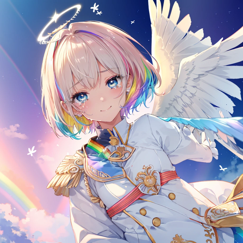 (((Extreme close-up　tears　smile　Low - Angle　Dove of peace　Angel Halo)))　((輝くtears　Rainbow Eyes　Short Hair　Receiving the light　Rainbow light　Place your hand on your chest　Aurora　Stretch your hand out towards me))　(Shining Edge　　Pillar of Light)