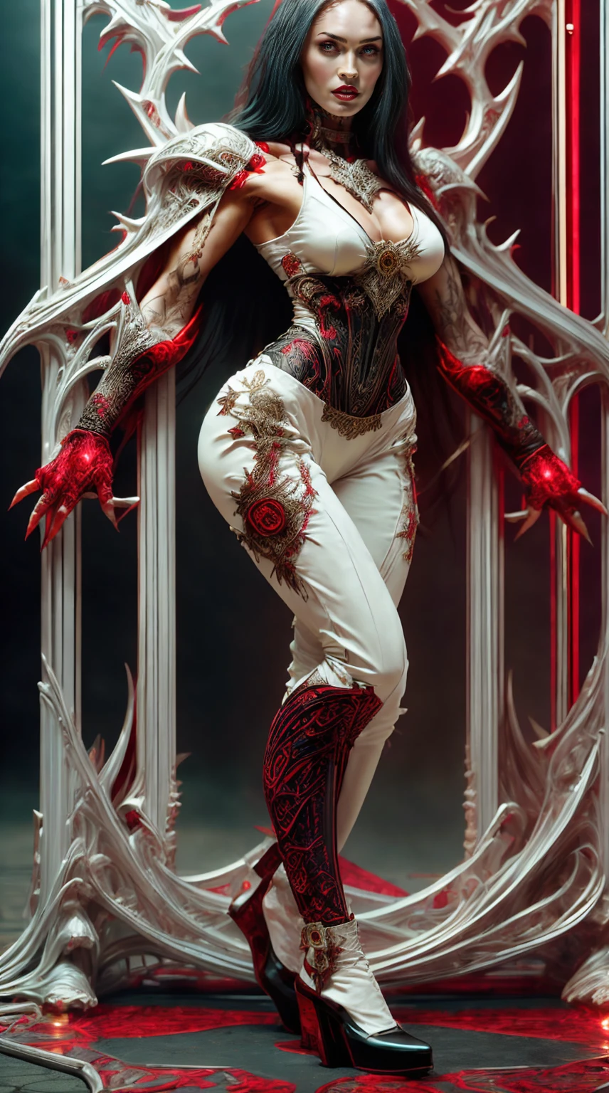(((megan fox))), (masterpiece:1.1), (best quality:1.1), ((full body view:1.25)), (ornate:1.1), (red and black coloring:1.26), BREAK, (horror:1.0), (esoteric:1.1), (solo:1.4), (dynamic angle:1.0), (cowboy shot:1.0), (woman:1.1),(very muscular bodybuilder girl:1.25), (huge upper body:1.25), (narrow hips:1.0), long hair, (gothic intricate vampiric armor:1.25), (gauntlets:1.0), (shoulder armor:1.1), ((tarot style frame:1.25)), (glowing red eyes:1.25), (huge muscular arms:1.5,) thin legs, Realistic, Very detailed face and eyes, masterpiece