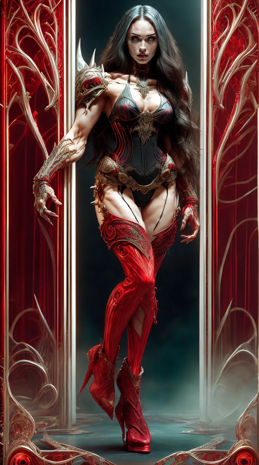 (((megan fox))), (masterpiece:1.1), (best quality:1.1), ((full body view:1.25)), (ornate:1.1), (red and black coloring:1.26), BREAK, (horror:1.0), (esoteric:1.1), (solo:1.4), (dynamic angle:1.0), (cowboy shot:1.0), (woman:1.1),(very muscular bodybuilder girl:1.25), (huge upper body:1.25), (narrow hips:1.0), long hair, (gothic intricate vampiric armor:1.25), (gauntlets:1.0), (shoulder armor:1.1), ((tarot style frame:1.25)), (glowing red eyes:1.25), (huge muscular arms:1.5,) thin legs, Realistic, Very detailed face and eyes, masterpiece