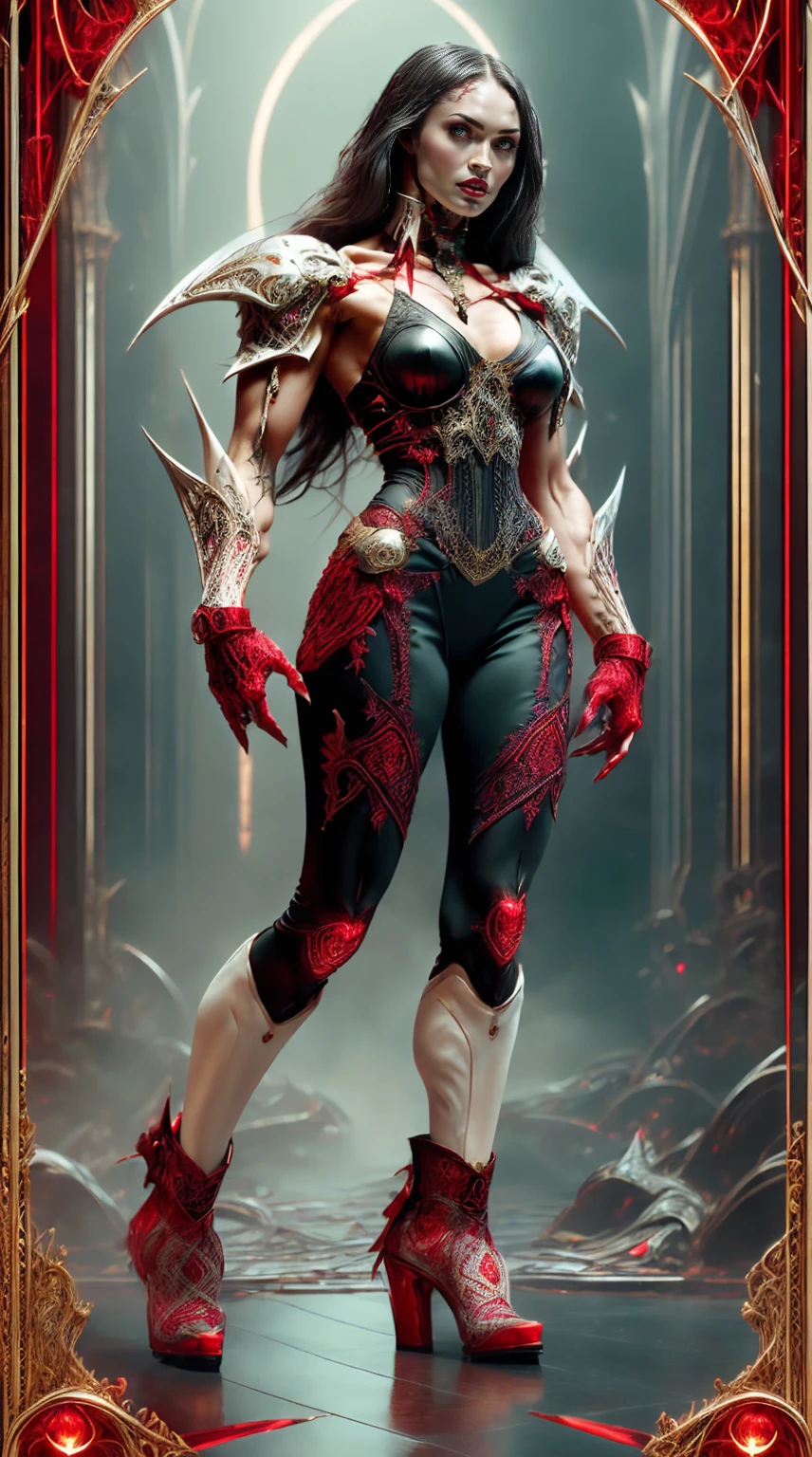 (((megan fox))), (masterpiece:1.1), (best quality:1.1), ((full body view:1.25)), (ornate:1.1), (red and black coloring:1.26), BREAK, (horror:1.0), (esoteric:1.1), (solo:1.4), (dynamic angle:1.0), (cowboy shot:1.0), (woman:1.1),(very muscular bodybuilder girl:1.25), (huge upper body:1.25), (narrow hips:1.0), long hair, (gothic intricate vampiric armor:1.25), (gauntlets:1.0), (shoulder armor:1.1), ((tarot style frame:1.25)), (glowing red eyes:1.25), (huge muscular arms:1.5,) thin legs, Realistic, Very detailed face and eyes, masterpiece