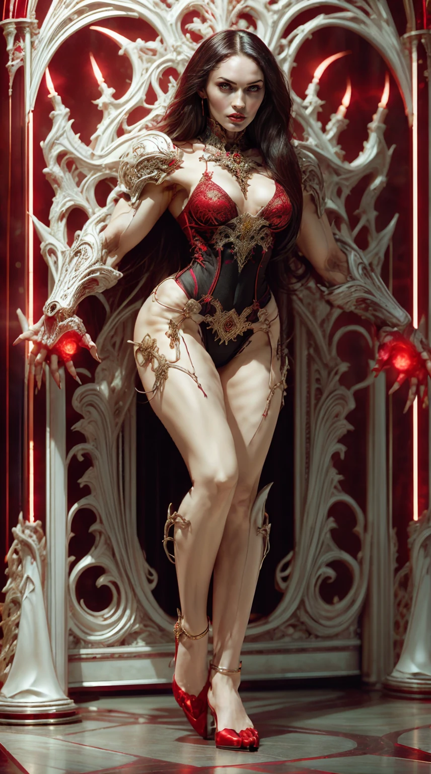(((megan fox))), (masterpiece:1.1), (best quality:1.1), ((full body view:1.25)), (ornate:1.1), (red and black coloring:1.26), BREAK, (horror:1.0), (esoteric:1.1), (solo:1.4), (dynamic angle:1.0), (cowboy shot:1.0), (woman:1.1),(very muscular bodybuilder girl:1.25), (huge upper body:1.25), (narrow hips:1.0), long hair, (gothic intricate vampiric armor:1.25), (gauntlets:1.0), (shoulder armor:1.1), ((tarot style frame:1.25)), (glowing red eyes:1.25), (huge muscular arms:1.5,) thin legs, Realistic, Very detailed face and eyes, masterpiece