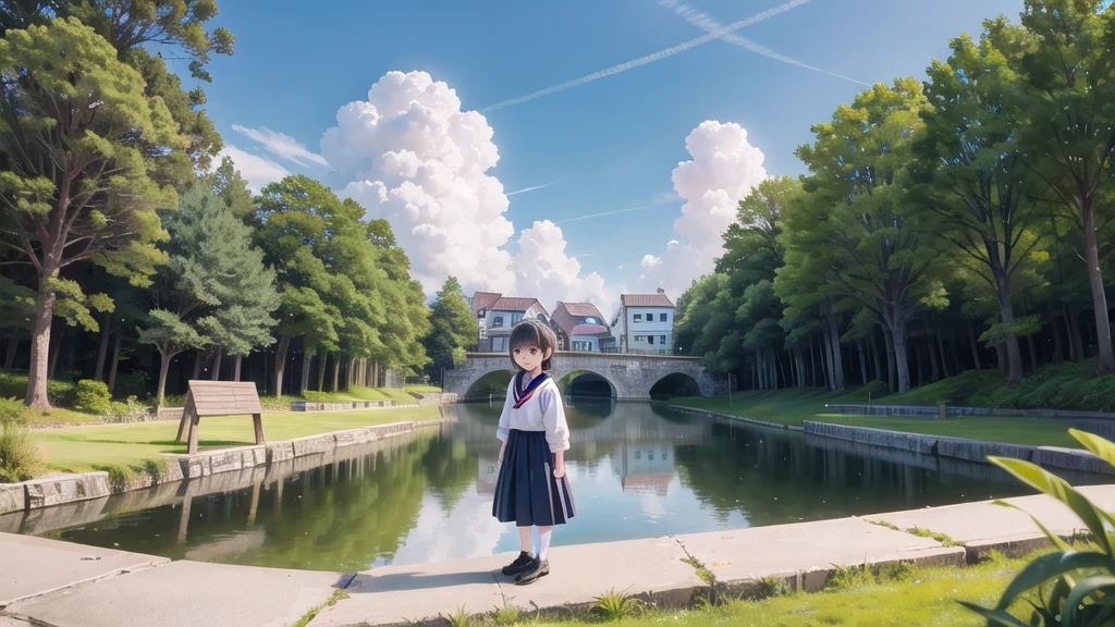 (masterpiece), town, blue sky, One Girl, smile, alone, Sailor suit、Long skirt, Overgrown, petal, plant、Skirt lining、Translucent slip、Nostalgic