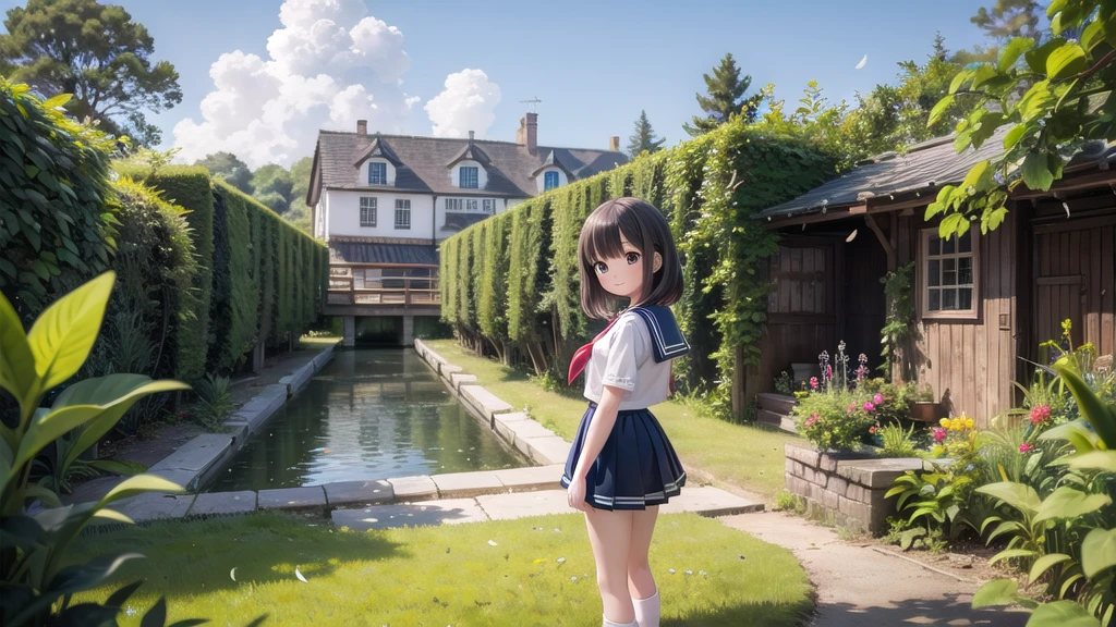 (masterpiece),  town,  blue sky,  One Girl,  smile,  alone,  Sailor suit、Long skirt,  Overgrown,  petal,  plant、Skirt lining、Translucent slip、Nostalgic