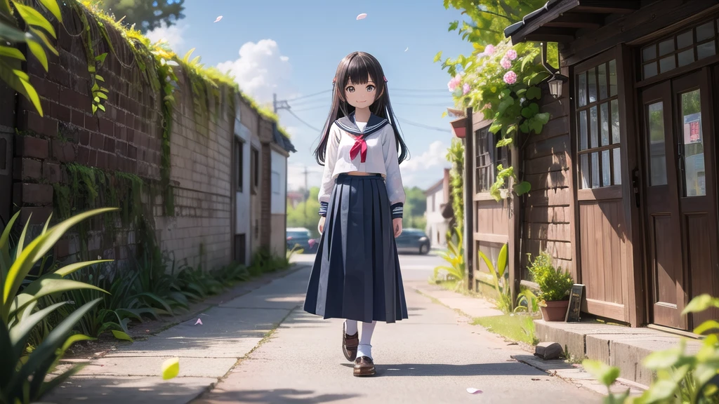 (masterpiece),  town,  blue sky,  One Girl,  smile,  alone,  Sailor suit、Long skirt,  Overgrown,  petal,  plant、Skirt lining、Translucent slip、Nostalgic