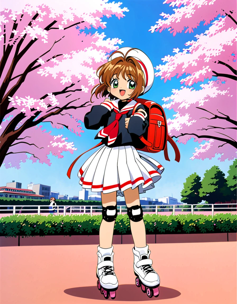 roller skate, One girl, Annoying, Brown Hair, kinomoto sakura, white skirt, inline skate, skate, Uniforms of Tomoeda , cherry blossoms, , skirt, Green Eyes, White Hat, bag, Backpack, Open your mouth, Have, 1990s (style), petal, short hair, smile, retro artstyle, pleateD skirt, Hair ties, :D, Knee pads, whole body, bangs, View your viewers, Seraphim, Antenna Hair, woman , hair ornaments, Living things, black shirt, wing, Long sleeve, neckerchief, Sailor collar, Outdoor, shirt, Day, 