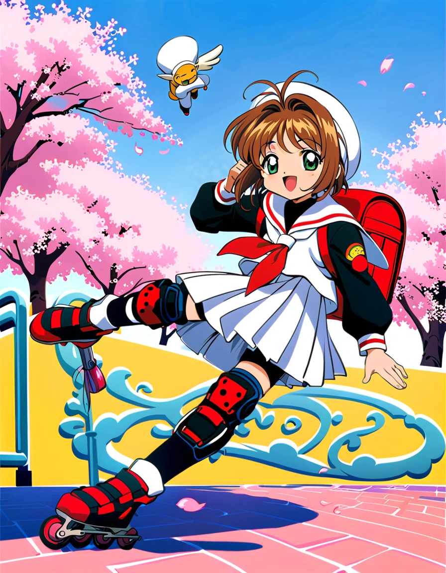 roller skate, One girl, Annoying, Brown Hair, kinomoto sakura, white skirt, inline skate, skate, Uniforms of Tomoeda Elementary School, cherry blossoms, , skirt, Green Eyes, White Hat, bag, Backpack, Open your mouth, Have, 1990s (style), petal, short hair, smile, retro artstyle, pleateD skirt, Hair ties, :D, Knee pads, whole body, bangs, View your viewers, Seraphim, Antenna Hair, woman , hair ornaments, Living things, black shirt, wing, Long sleeve, neckerchief, Sailor collar, Outdoor, shirt, Day, 