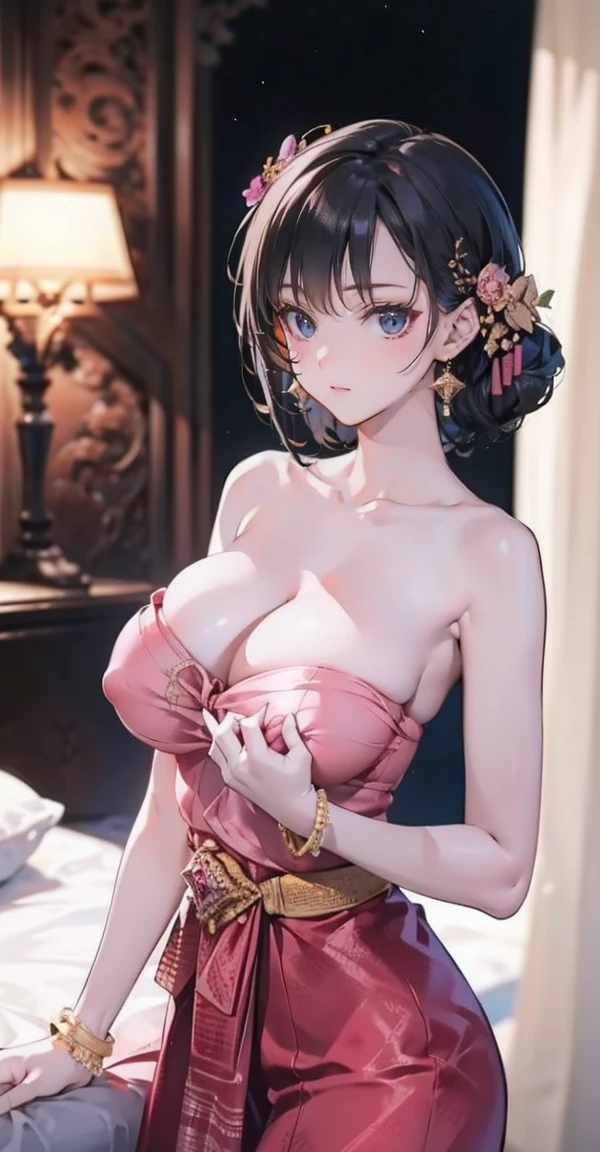 Group of 5 princesses,(5 young women,many young women), (in the bedroom), Various hair styles, harem, Wear a strapless Thai dress...,(very good,no panties) at night, detailed face,Complete breasts,fully, ((big breasts,Breast curtain,Partially naked)) short skirt, mule, Sleeveless , Show your armpits, at night, starry at night,(large areolae:1.4,pink,The nipples are clearly visible.....),((Various positions),(Look at the viewer.:1.5),milf, Highest quality、Highest picture quality、Masterpiece
