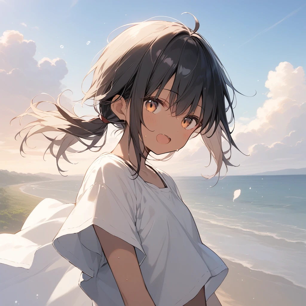 score_9, score_8_up, score_7_up, source_anime, best quality, masterpiece, official art, absurdres, highres, ultra-detailed,waifu2x,Collection: Slice of Life,break,1girl, tomboy, dark-skinned female, short hair, low ponytail, flat chest, beautiful detailed eyes, short shorts, sweat, open mouth, (yawn:0.3), sleepily, outdoors, wind, break,(clear line illustration:1.2),very high resolution, very aesthetic, super detailed skin, Best sexual lighting powered by famous artist, 8k,cute picture,beauty illustration,photoshop_(medium),,(Detailed Lighting),best anime 8k konachan wallpaper, pixiv contest winner,