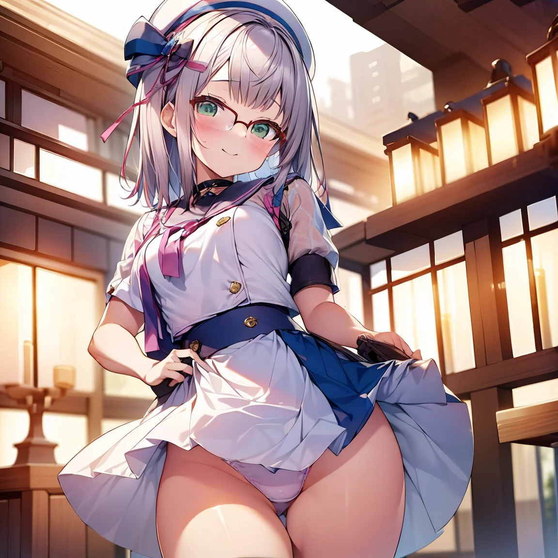 8K、masterpiece、Japanese、Woman wearing glasses、Neon(nod)、from the front、smile、Childish、Small breasts、See-through underwear、night、Bedroom、Show your underwear、mini skirt