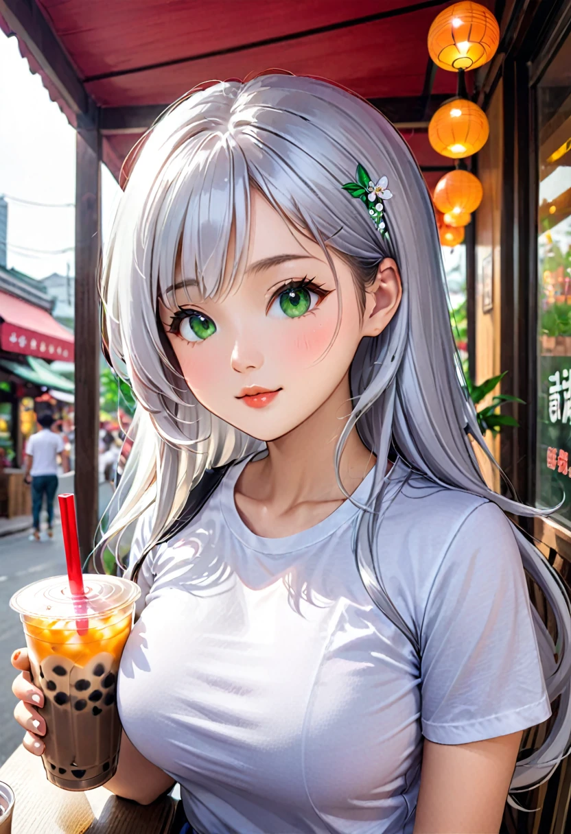Pretty asian woman, bright silver hair, long hair, green eyes, tshirt, perfect face, busty, drinking boba tea