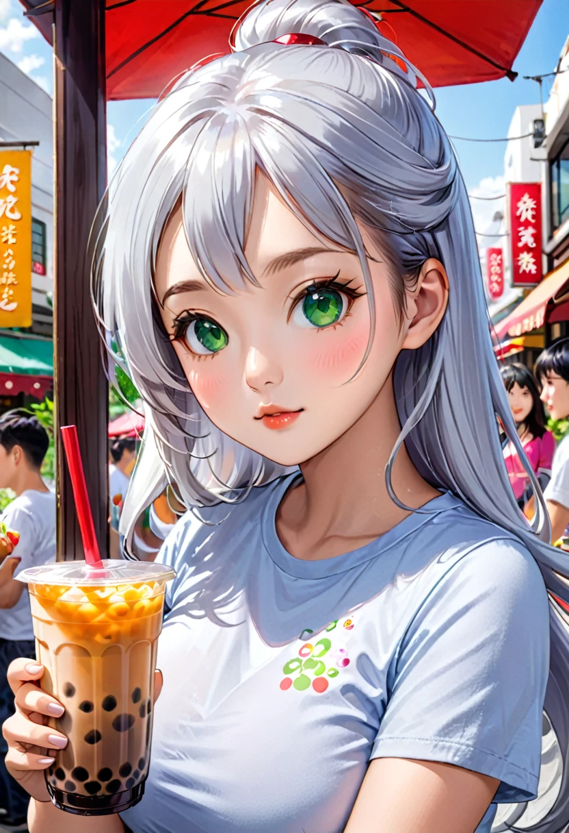 Pretty asian woman, bright silver hair, long hair, green eyes,  tshirt, perfect face, busty, drinking boba tea