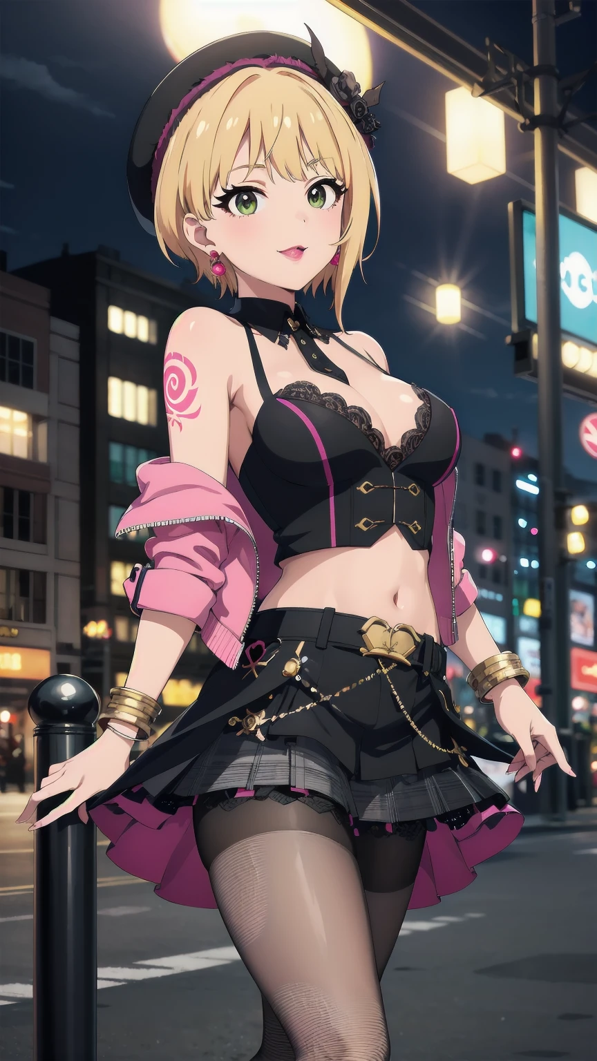 masterpiece, Highest quality, High resolution, Humphrey, Blonde, Braiding, beret, Black Hat, Earrings, Bracelet, Plaid, Bare shoulders, Black Bow, Black Dress, Wrist cuff, bracelet, belt, Fishnet tights, Idolmaster Cinderella Girls, night, city, street, Are standing, Cowboy Shot, Arms at your sides, Straight, Cleavage, Off the shoulder, Pink jacket, Open jacket, abdomen, belt, Black Skirt, alley, inquiry, Talk to your audience、 口を閉じて Are Are standing、View Audience,, tattoo, High heels, but, belly button, smile, Purple Lipstick、saliva, black micro mini skirt、 tattoo、（濃いPurple Lipstick、Purple lips、Highlight the face、