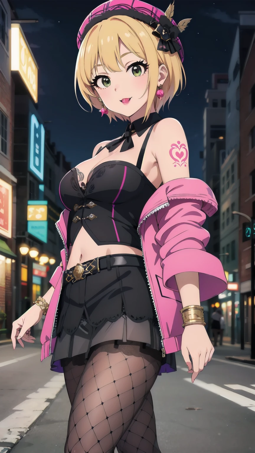 masterpiece, Highest quality, High resolution, Humphrey, Blonde, Braiding, beret, Black Hat, Earrings, Bracelet, Plaid, Bare shoulders, Black Bow, Black Dress, Wrist cuff, bracelet, belt, Fishnet tights, Idolmaster Cinderella Girls, night, city, street, Are standing, Cowboy Shot, Arms at your sides, Straight, Cleavage, Off the shoulder, Pink jacket, Open jacket, abdomen, belt, Black Skirt, alley, inquiry, Talk to your audience、 口を閉じて Are Are standing、View Audience,, tattoo, High heels, but, belly button, smile, Purple Lipstick、saliva, black micro mini skirt、 tattoo、（濃いPurple Lipstick、Purple lips、Highlight the face、