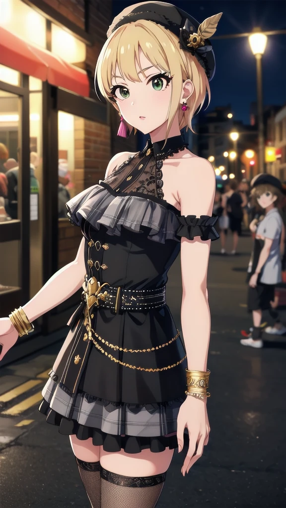 masterpiece, Highest quality, High resolution, Humphrey, Blonde, Braiding, beret, Black Hat, Earrings, Bracelet, Plaid, Bare shoulders, Black Bow, Black Dress, Wrist cuff, bracelet, belt, Fishnet tights, Idolmaster Cinderella Girls, night, city, street, Are standing, Cowboy Shot, Arms at your sides, Straight,