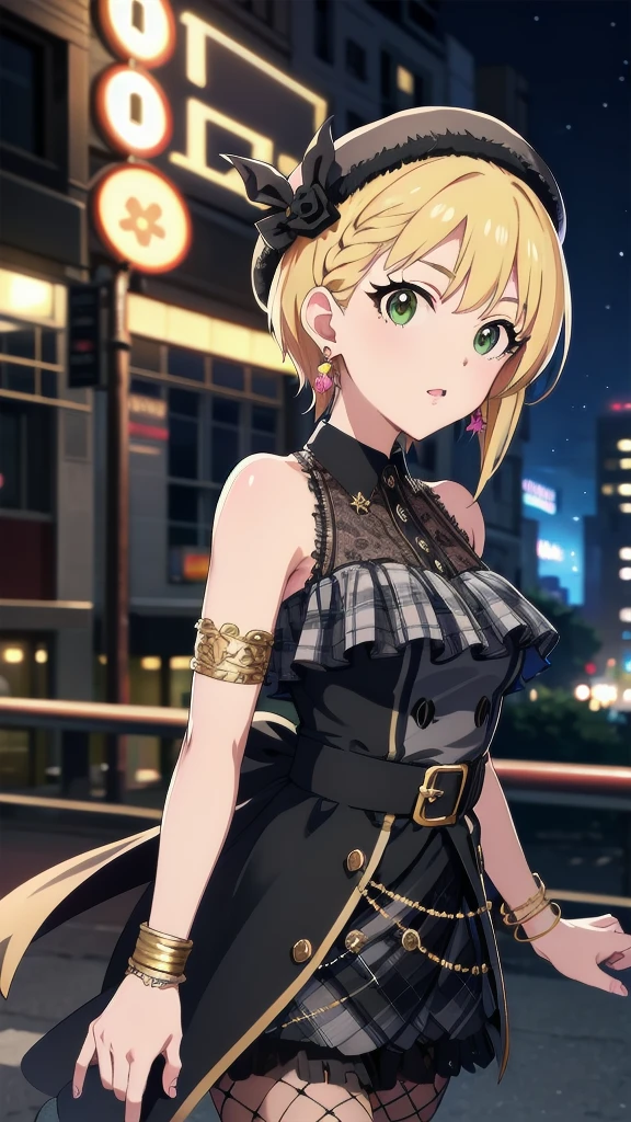 masterpiece, Highest quality, High resolution, Humphrey, Blonde, Braiding, beret, Black Hat, Earrings, Bracelet, Plaid, Bare shoulders, Black Bow, Black Dress, Wrist cuff, bracelet, belt, Fishnet tights, Idolmaster Cinderella Girls, night, city, street, Are standing, Cowboy Shot, Arms at your sides, Straight,