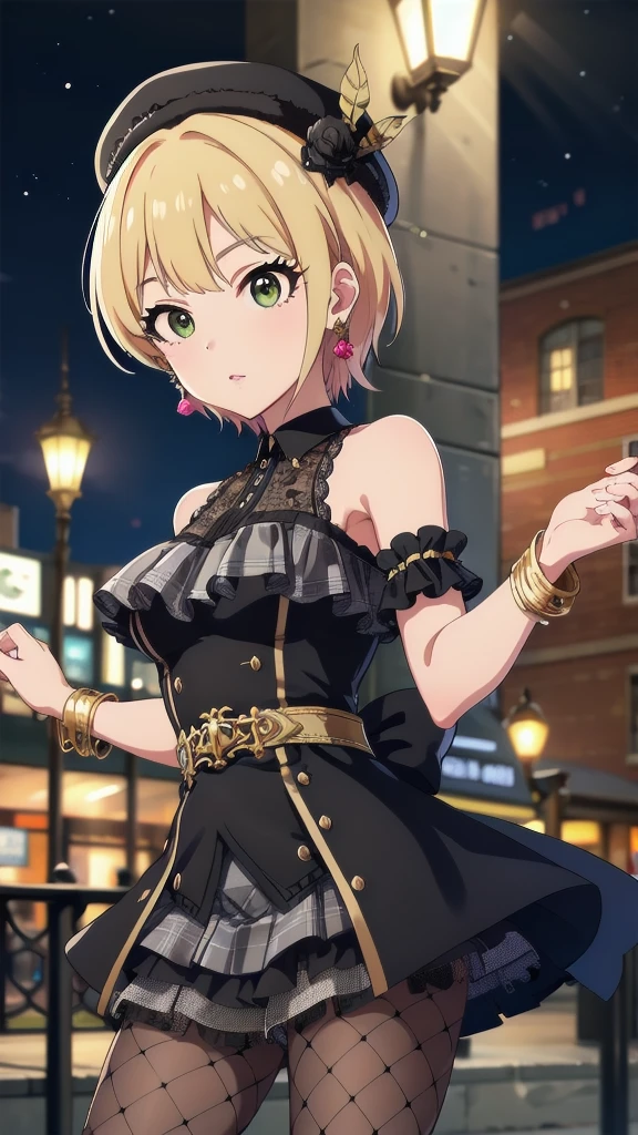 masterpiece, Highest quality, High resolution, Humphrey, Blonde, Braiding, beret, Black Hat, Earrings, Bracelet, Plaid, Bare shoulders, Black Bow, Black Dress, Wrist cuff, bracelet, belt, Fishnet tights, Idolmaster Cinderella Girls, night, city, street, Are standing, Cowboy Shot, Arms at your sides, Straight,