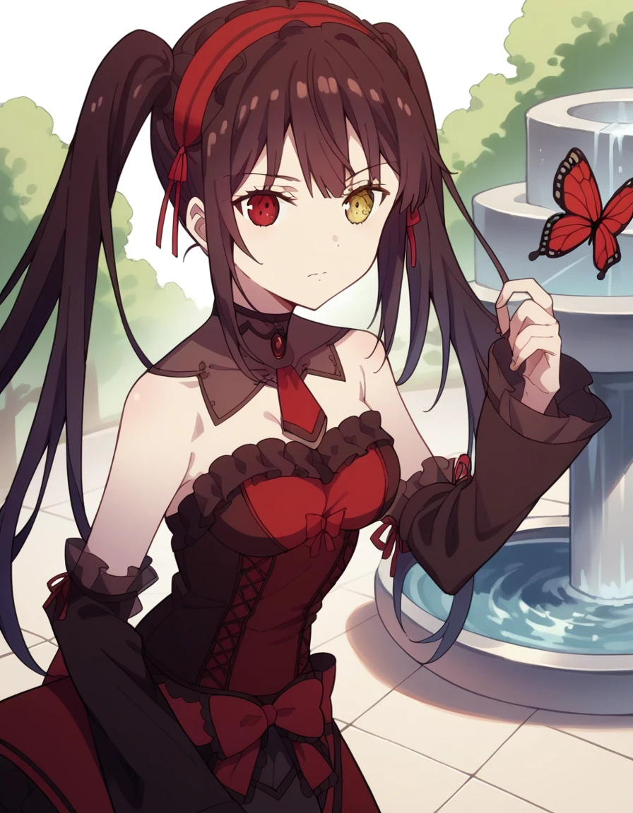 punctuation_9, punctuation_8_High above, punctuation_7_High above, fountain_アニメ, kurumitokisaki, tokisaki kurumi, Bblack hair, Eyes red, long hair, twintails, yellow  eyes, hair elastic, heterochromia, don, red don, bared shoulders, clavicle, choker, butterfly necktie, red butterfly necktie, detached sleeves, corset, volantes, neckleace, White background, 正面, no scenario, gazing at viewer, ssmile, standing alone, cowboy shot,