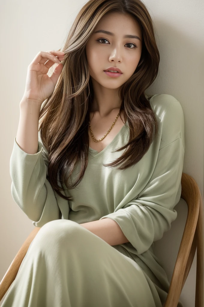 (masterpiece: 1.3), (8K, Realistic, RAW Photos, Highest quality: 1.4), (One girl), Shallow depth of field, Focus on the face, Soft Focus, Beautiful Face, (Backlight: 1.5), (Surroundings: 1.3), (Realistic Face), (Brown Hair, Medium Short: 1.3), Gentle wavy hair, Hair blowing in the wind, Realistic eyes, Dark brown pupils, Pupil highlights, Beautiful details in the eyes, (Plenty of natural light), (Realistic Skin), Beautiful Skin, Stylish clothing、clock, thin gold chain necklace, thin gold chain bracelet, bag, Bright flat pale wall and empty background, Absurd, Charm, 超High resolution, Ultra-realistic, High resolution, Golden Ratio, Full body of a walking person, The gesture of raking hair with your hands, Sit on a chair