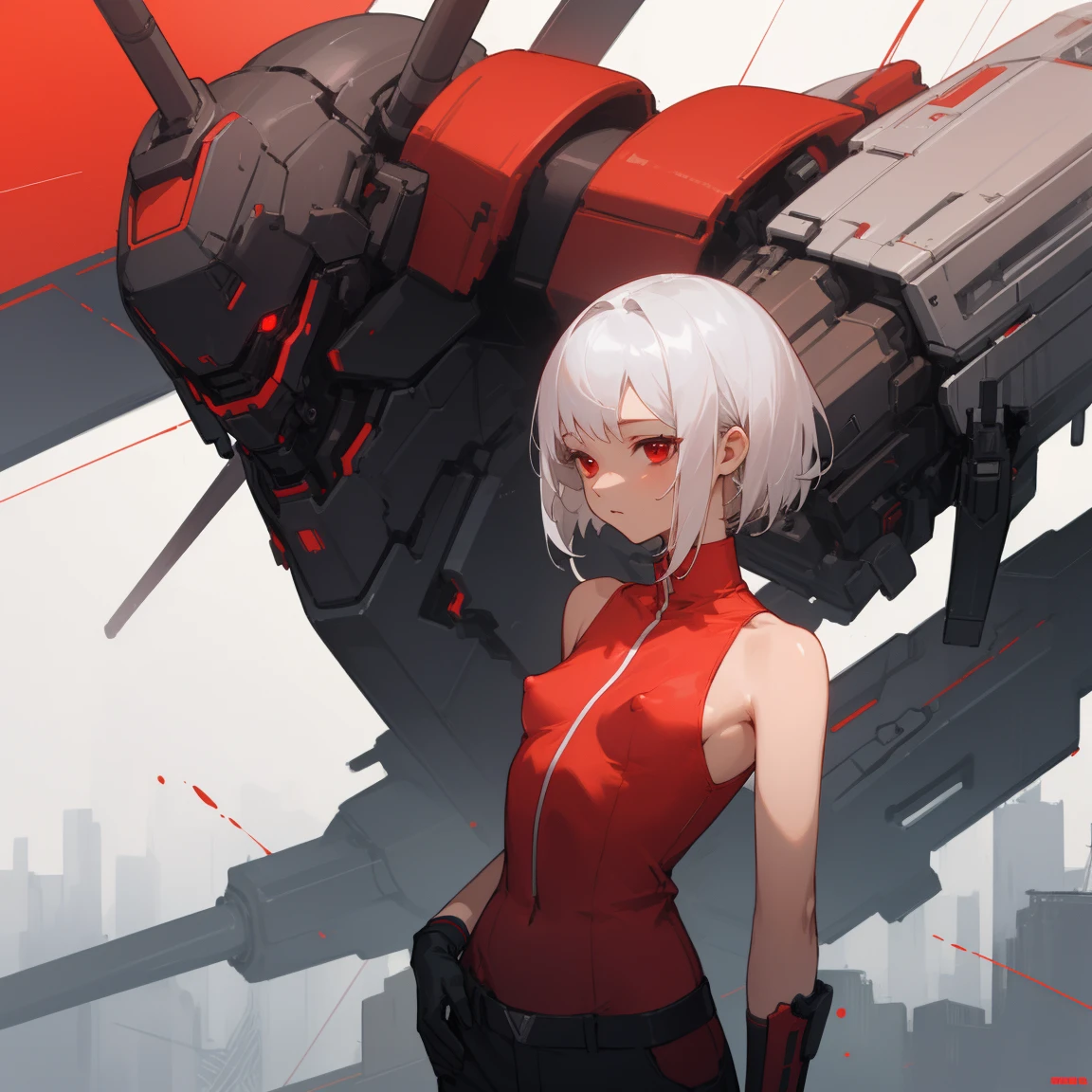 ((Highest quality)), ((masterpiece)), (Become familiar with), 1 girl, alone, Silver Hair,Brown Skin,Red eyes,Long trousers,Red sleeveless,((Red Shirt)),Clothes with a visible back, thin,thin,short hair,Small breasts, Erect nipples, gloves, cyber punk,sf