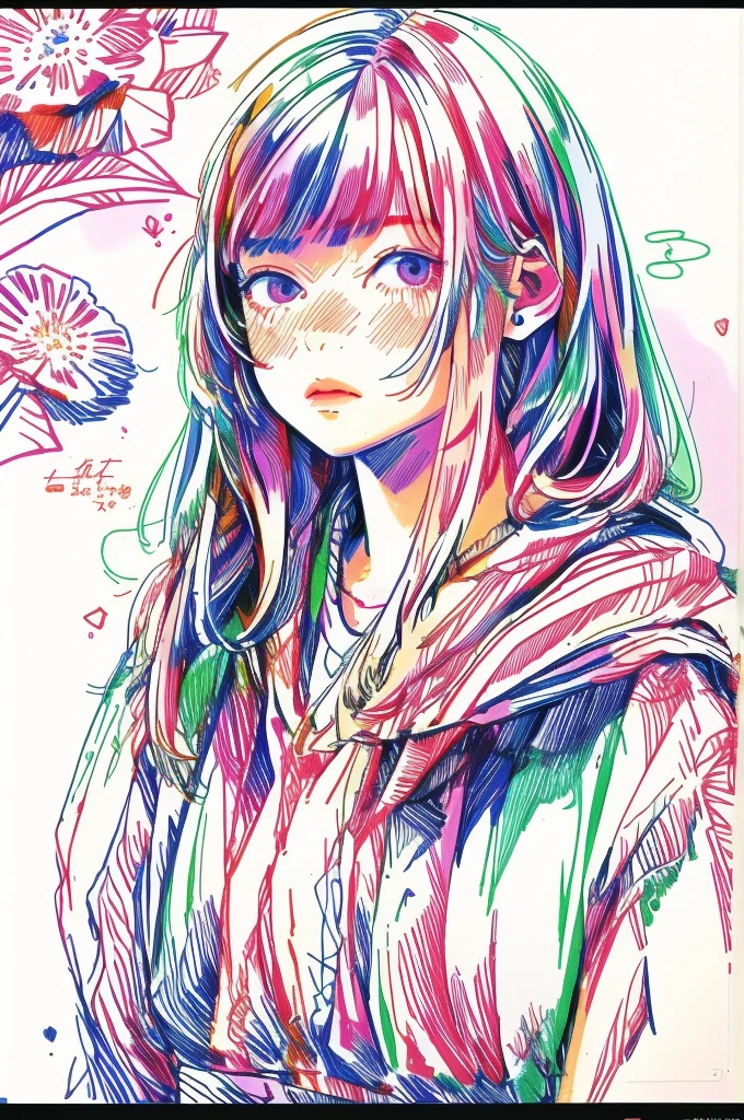 (masterpiece, best quality), 1girl, watercolor, lineart, rough sketch, RGB, chromatic aberration