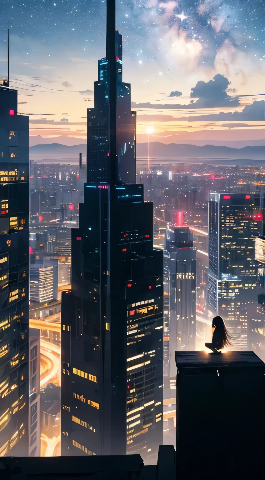Octane, null, star (null), scenery, starry null, night, One girl, night null, alone, Outdoor, building, cloud, milky way, Sitting, wood, Long Hair, city, silhouette, cityscape