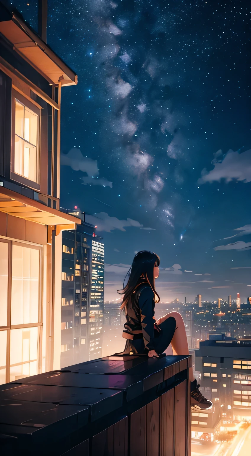 Octane, null, star (null), scenery, starry null, night, One girl, night null, alone, Outdoor, building, cloud, milky way, Sitting, wood, Long Hair, city, silhouette, cityscape