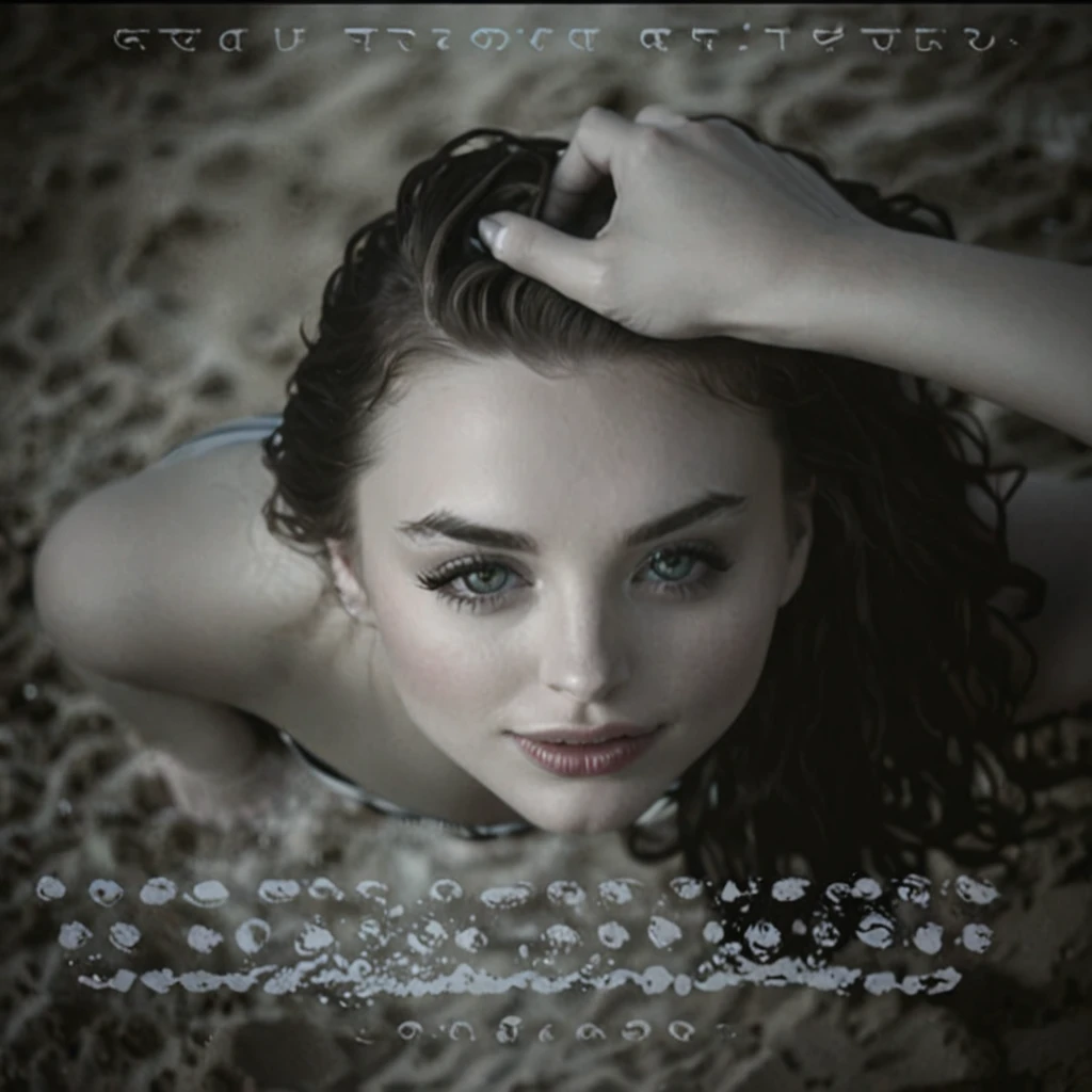 Sfw:1.8, a girl lying on the ground, looking up at the camera, beautiful detailed eyes, beautiful detailed lips, extremely detailed face, long eyelashes, long wavy hair, pale skin, wearing a black and white striped swimsuit, ocean waves in the background, (best quality,4k,8k,highres,masterpiece:1.2),ultra-detailed,(realistic,photorealistic,photo-realistic:1.37),HDR,UHD,vivid colors,natural lighting