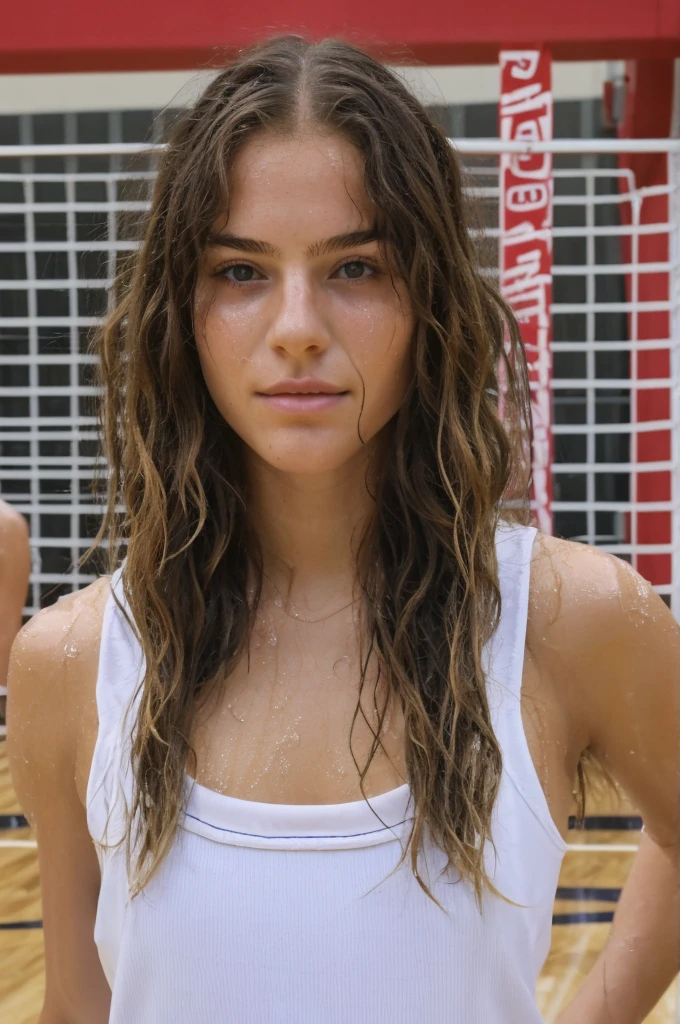 A pretty French white girl with long hair with wavy fringes with a cute and pretty face playing basketball all wet with sweat