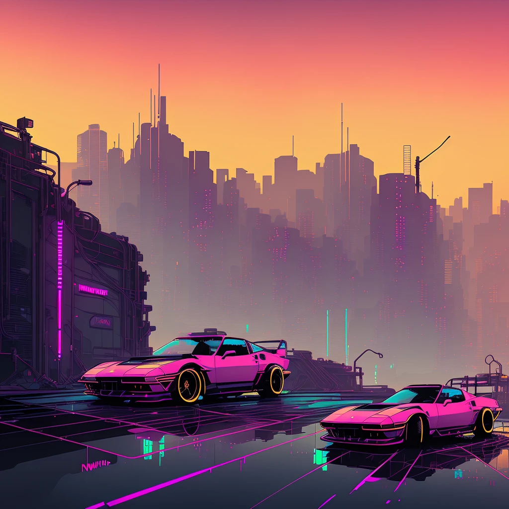 (nvinkpunk:1.2) (snwve style:0.8) corvette, lightwave, SUNSET, intricate, highy detailed
