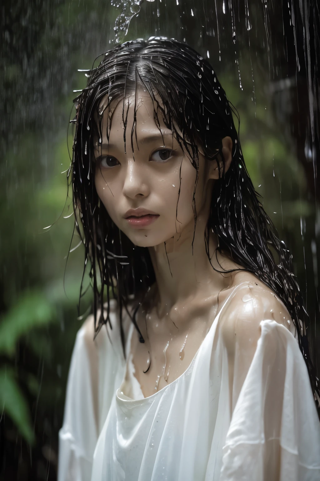 Best Image Quality, masterpiece, Ultra high resolution, (loyalty :1.4), Skinny Japanese woman, 1 girl, detailed face, detailed eyes, correct human body structure, dim, Dark, Tears, Tearsdrop, (White shirt), (wet soaked clothes sticking to the body:1.4), bare shoulders, wet hair, torrential rain, in the deep forest,