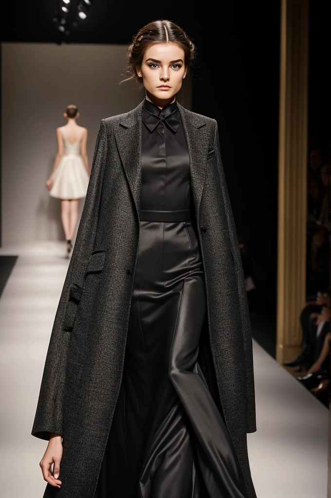 Give me images of makeup inspired by the character from the literary work Hamlet and that it is for a real young woman who is on a high fashion fashion catwalk wearing tailoring