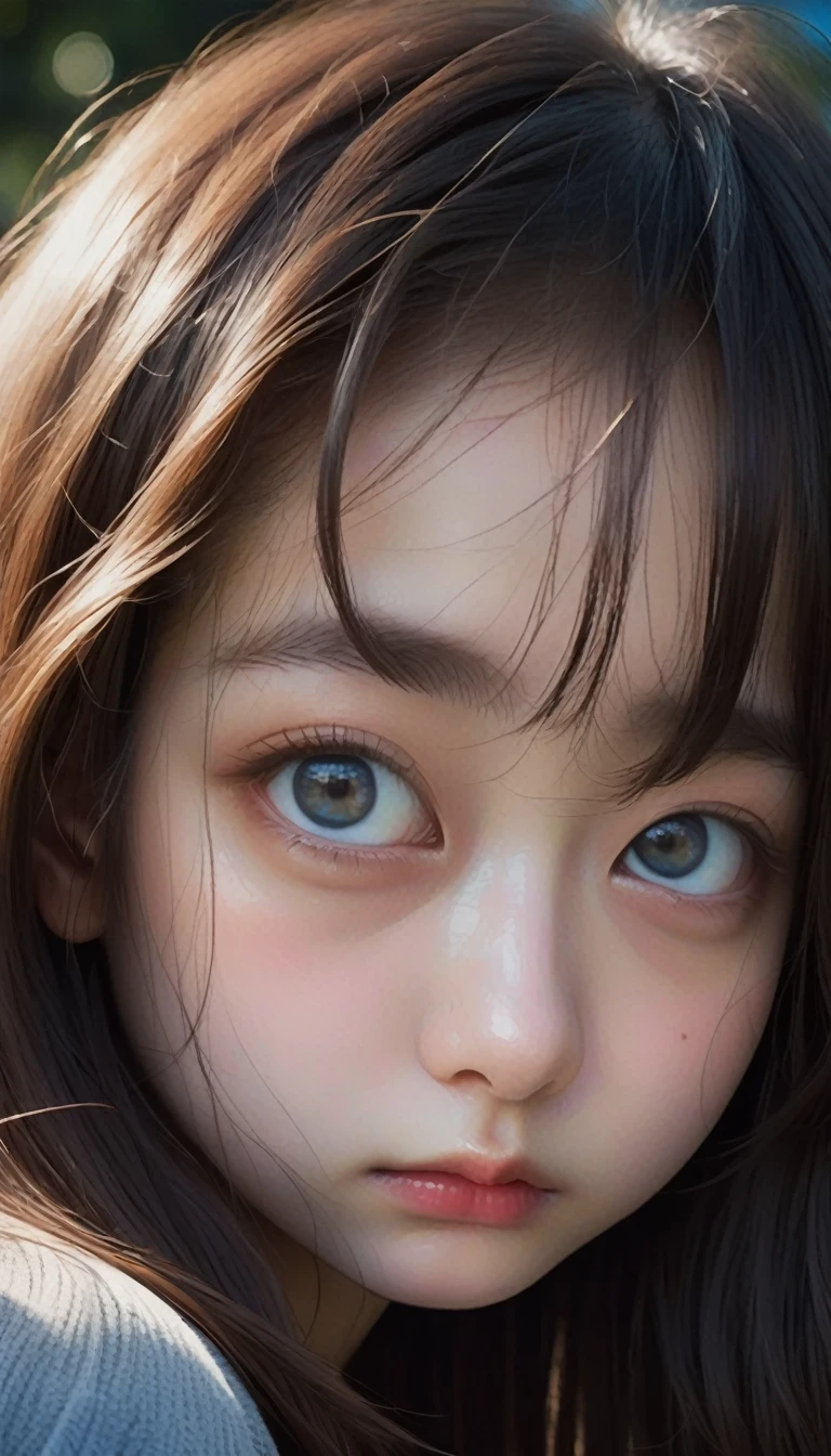 Beautiful  girl, Big round eyes, (Droopy eyes:1.2), An illustration, art, 70s horror movie posters, Supervised by Junji Ito、High detail, Realistic Shadows、Analog Style, chromatic aberration, Surrealism、Complementary Gradient