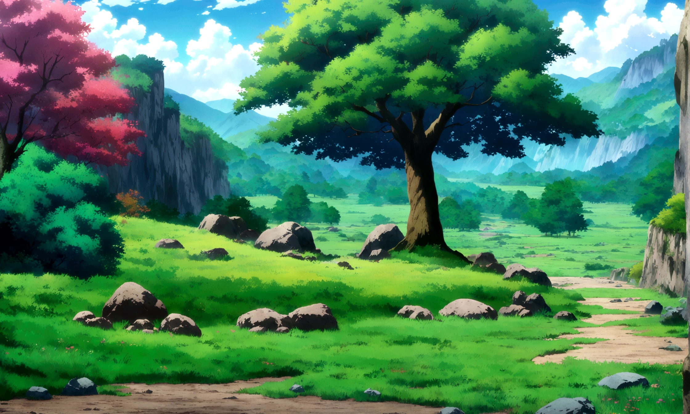 
anime - style painting of a tree in a grassy field with rocks, anime countryside landscape, anime landscape, anime landscape wallpaper, anime background art, beautiful anime scenery, anime background, anime beautiful peace scene, anime scenery, anime movie background, anime nature, anime scenery concept art, colorful anime movie background, beautiful anime scene, anime scene, beautiful landscape background
