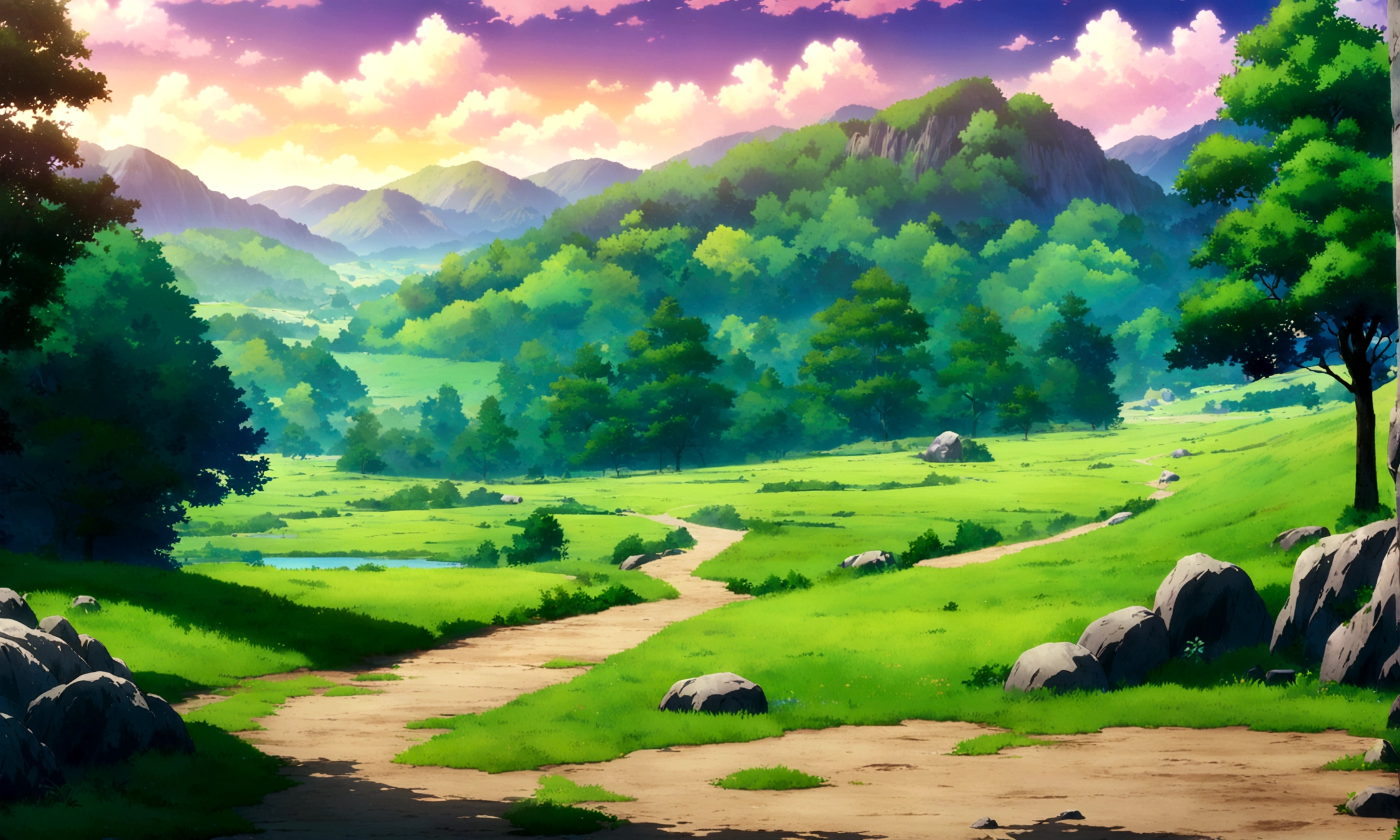 
anime - style painting of a tree in a grassy field with rocks, anime countryside landscape, anime landscape, anime landscape wallpaper, anime background art, beautiful anime scenery, anime background, anime beautiful peace scene, anime scenery, anime movie background, anime nature, anime scenery concept art, colorful anime movie background, beautiful anime scene, anime scene, beautiful landscape background