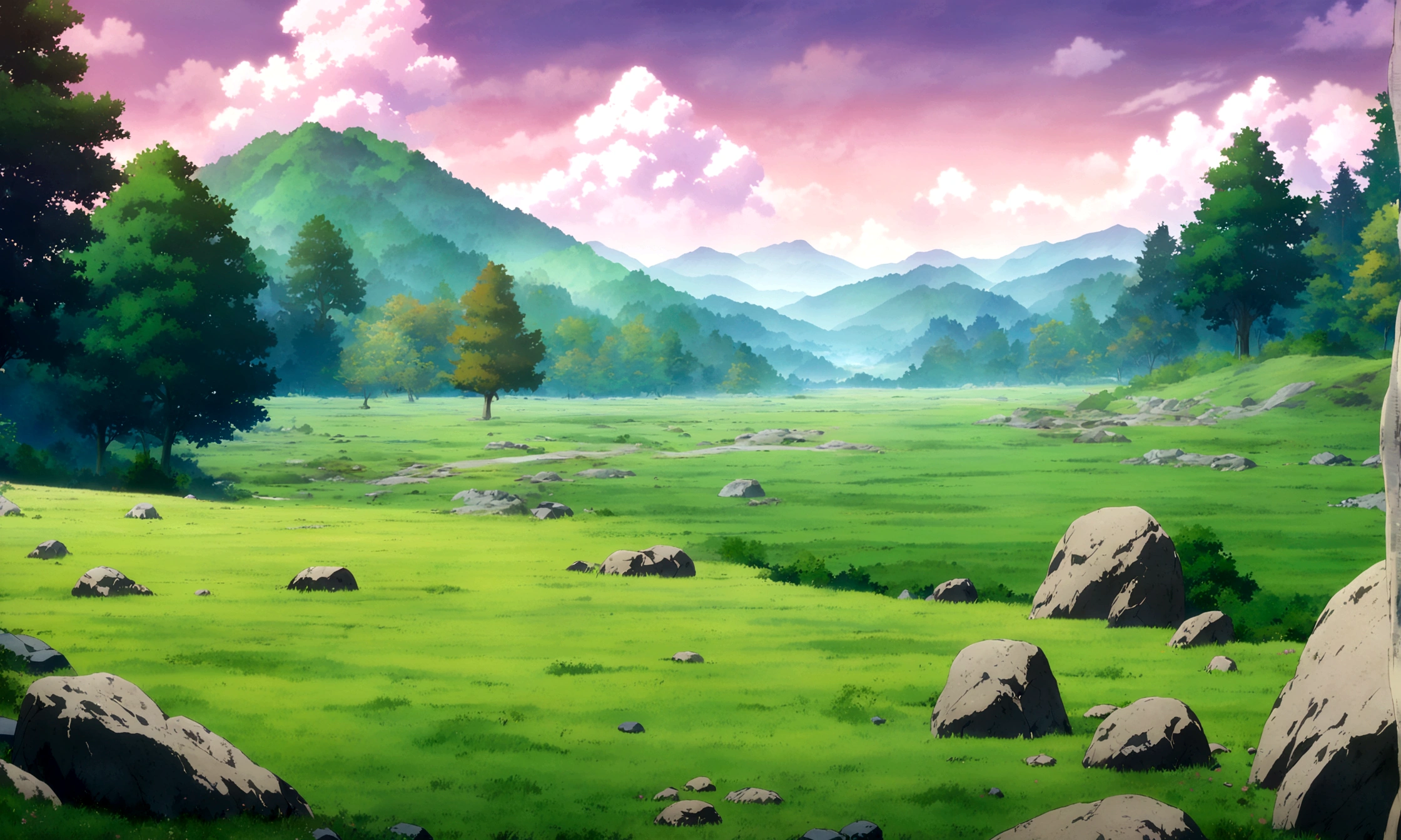 anime - style painting of a tree in a grassy field with rocks, anime countryside landscape, anime landscape, anime landscape wallpaper, anime background art, beautiful anime scenery, anime background, anime beautiful peace scene, anime scenery, anime movie background, anime nature, anime scenery concept art, colorful anime movie background, beautiful anime scene, anime scene, beautiful landscape background