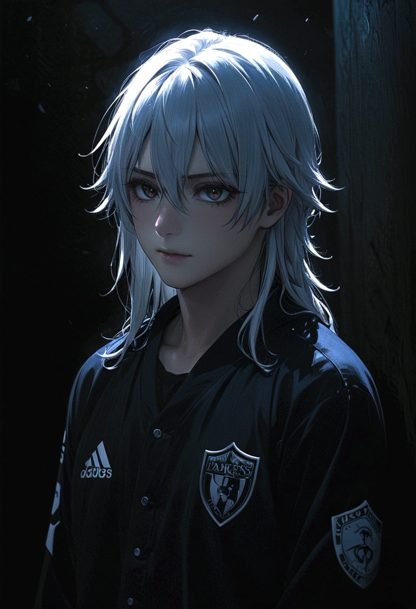 Center-parted bangs、Long hair boy、White Hair、Dark Eyes、Illness、Fall into Darkness、team uniform、