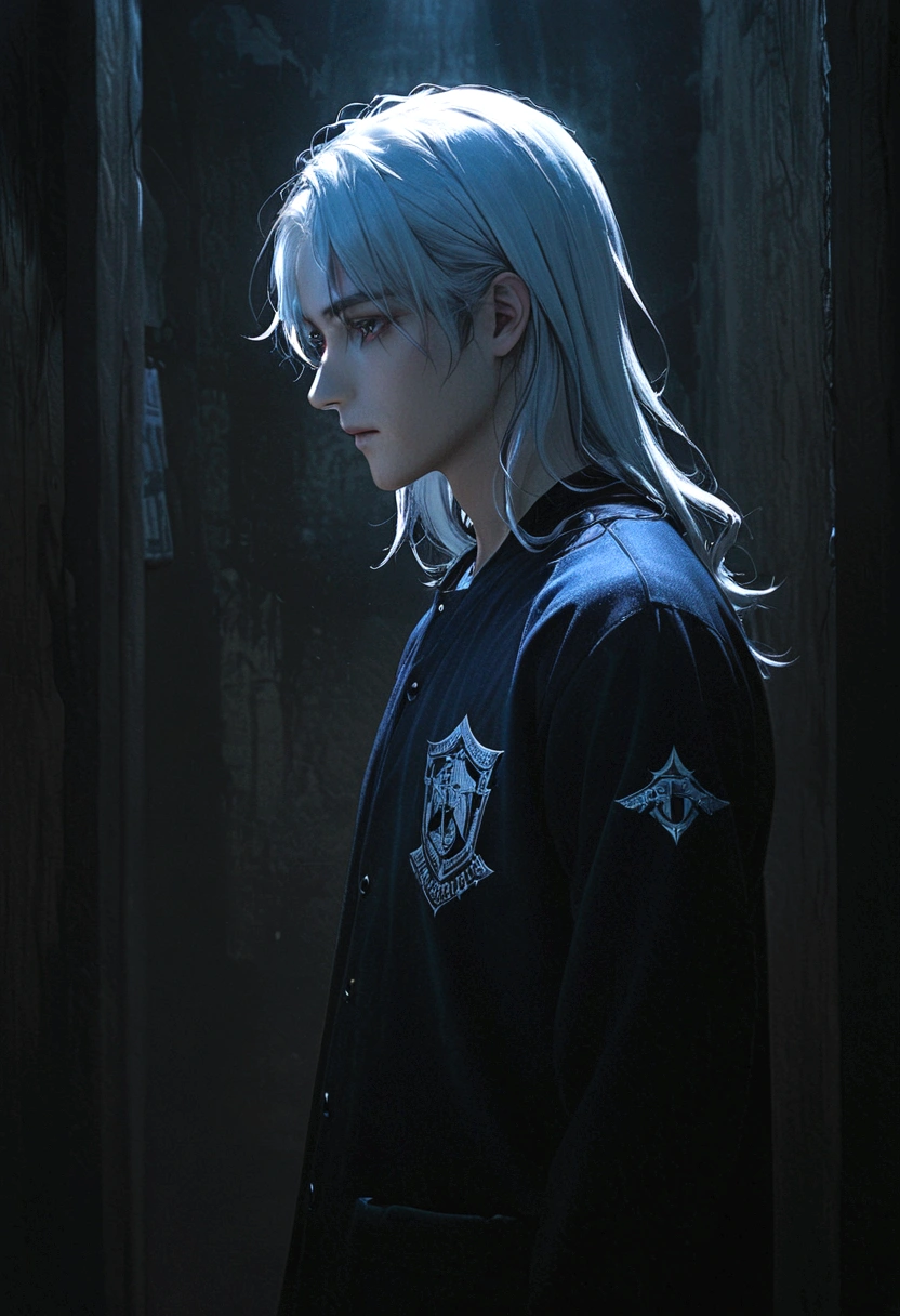 Center-parted bangs、Long hair boy、White Hair、Dark Eyes、Illness、Fall into Darkness、team uniform、