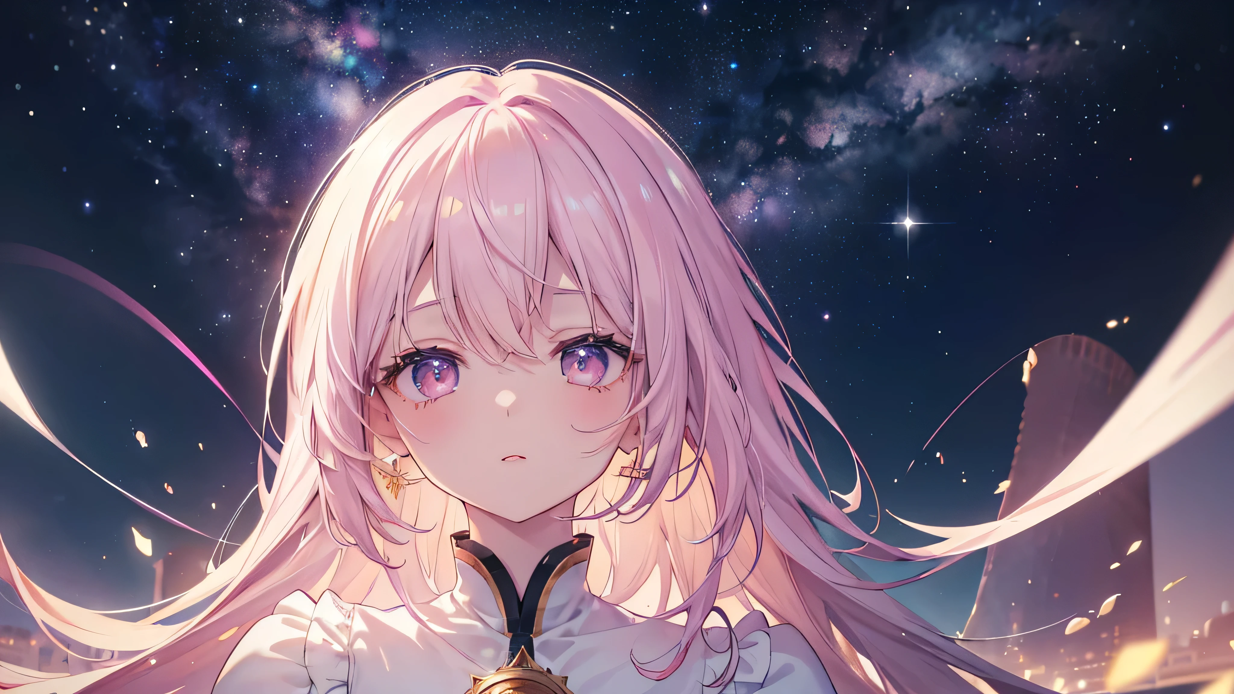 (((Highest quality、masterpiece、Ultra-fine、Ultra-fine、Exquisite、16K、Full HD,high school girl,))) 、(((Looking up))) 、Dark Eyes、Long eyelashes、White skin、(Pale pink lips、Pale pink cheeks、thin and long)、 ((cute)) ((One person)) 、((Glare)) 、Wide Shot、Space galaxy background、(A magnificent composition、epic proportion)、Dynamic lighting、、