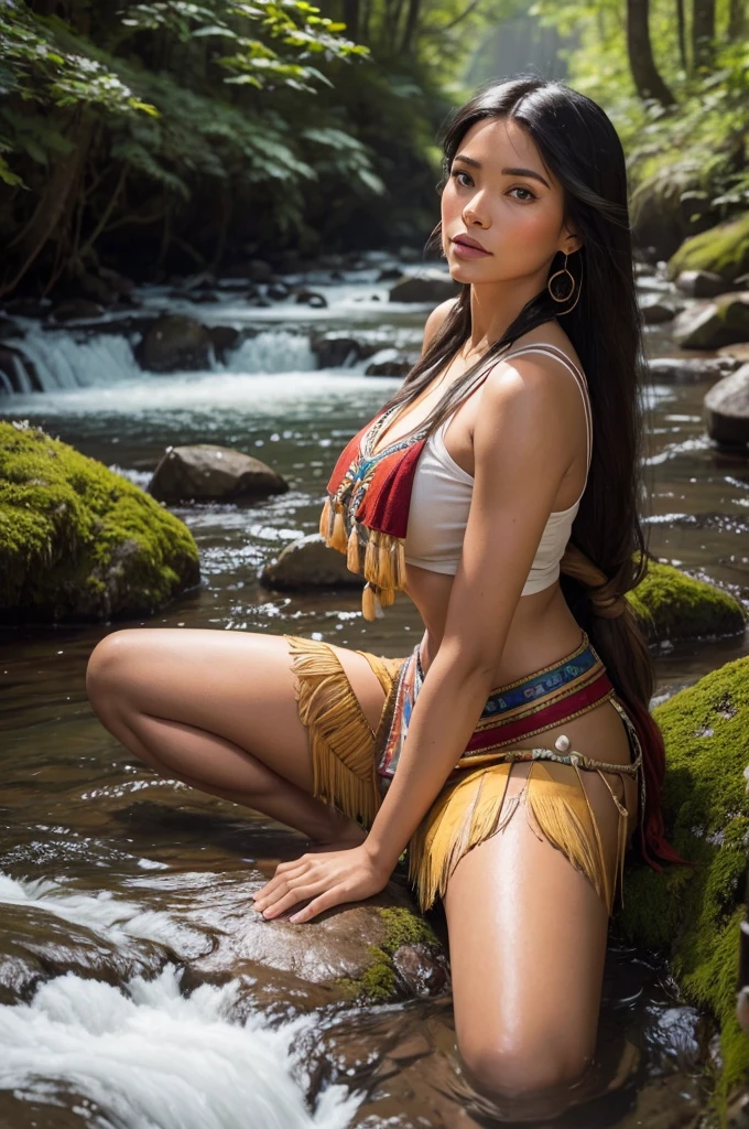 American Indian Native Girl, Dip your feet in the river, Perfect small breasts, Cute Sexy, Pleasure, Naked, Hyper realistic, Lifelike texture, Dramatic Lighting, nikon RAW photo, 8K, 富士XT3, masutepiece, Best Quality, Realistic, (Photorealistic:1.4), ultra-detailliert, entire body visible, (((Smile:1.2)))